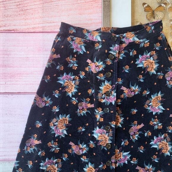 Vintage Black Floral & Bird Velvet High Waist Button Front Boho‎ Midi Skirt XS/S - Picture 4 of 5